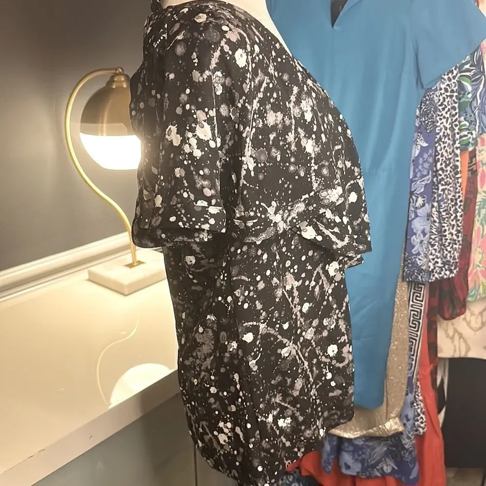Tory Burch Rebecca Paint Splatter Front Zipper Closure Silk Ruffle Blouse